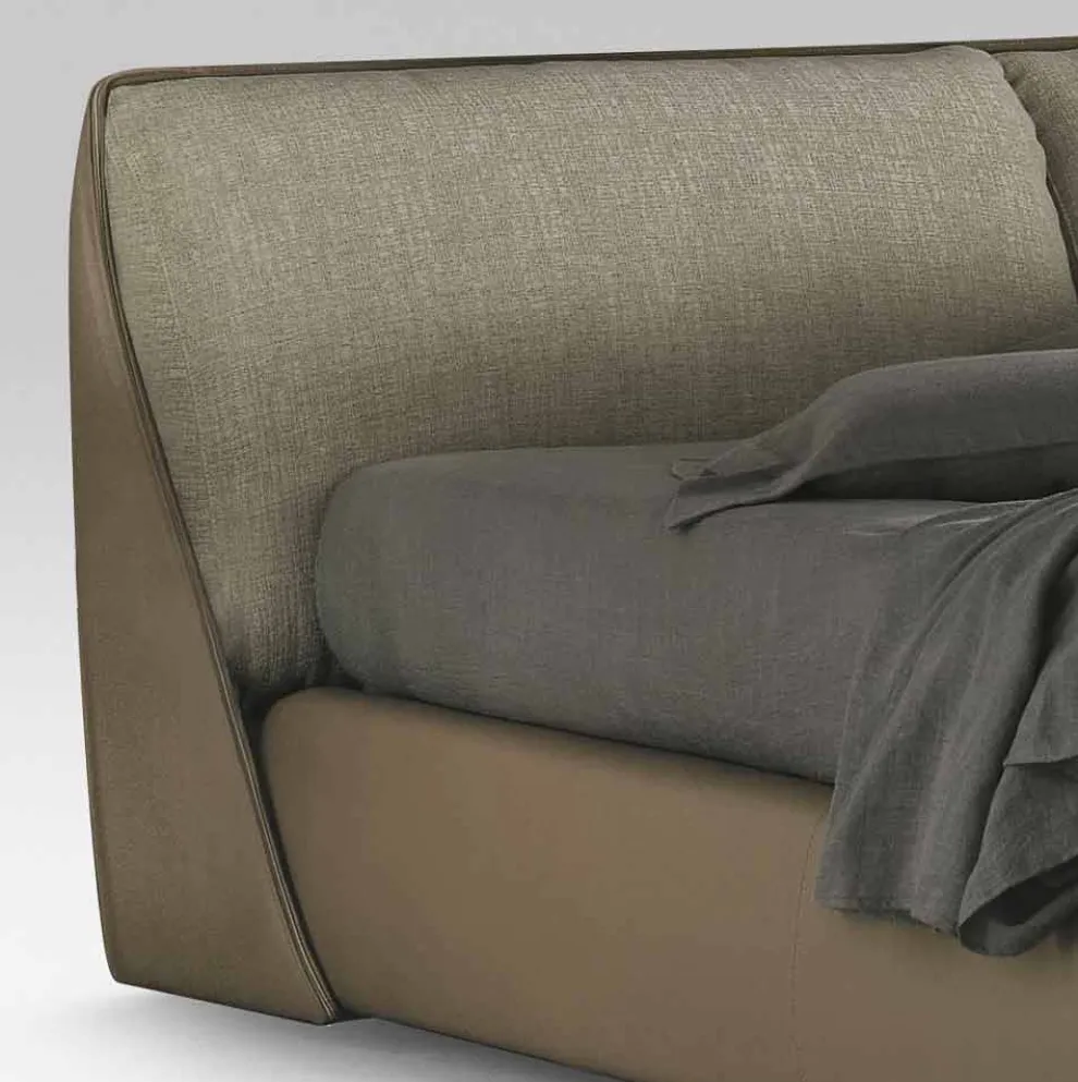 Doppelbett gepolstert und bezogen mit Stoff und Leder, hergestellt in Italien – Lula