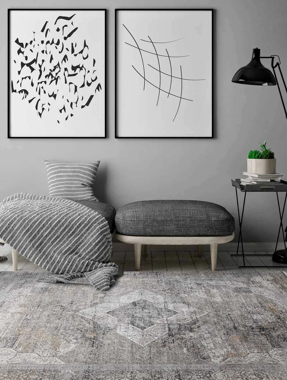 Design Teppich in Grau Beige Viskose und Acrilic mit Zeichnung - Präsident