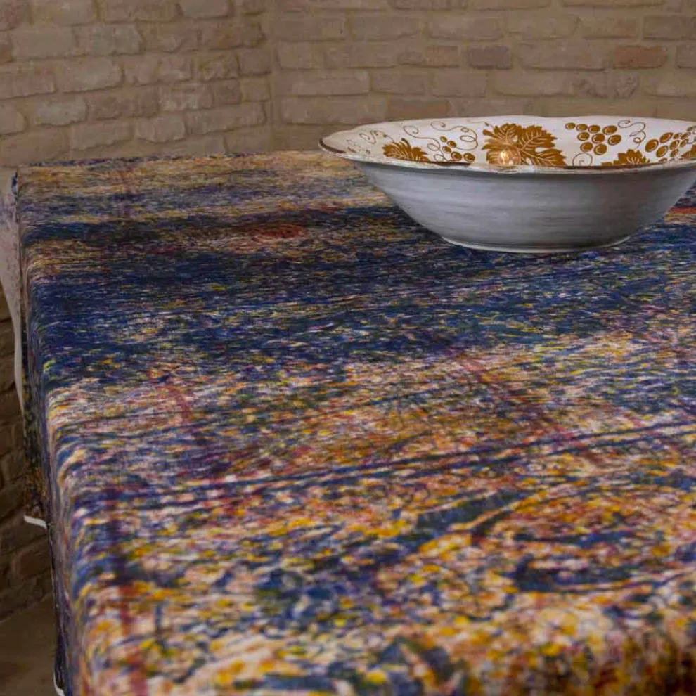 Hochwertige italienische handgefertigte Tischdecke mit handbedruckter Baumwolle