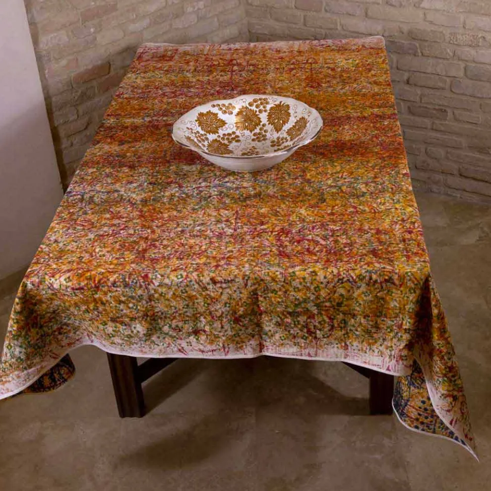 Hochwertige italienische handgefertigte Tischdecke mit handbedruckter Baumwolle