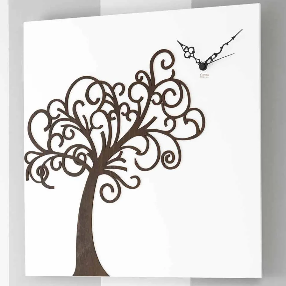 Weiße quadratische hölzerne Design-Wanduhr mit Baum - Alberoeden