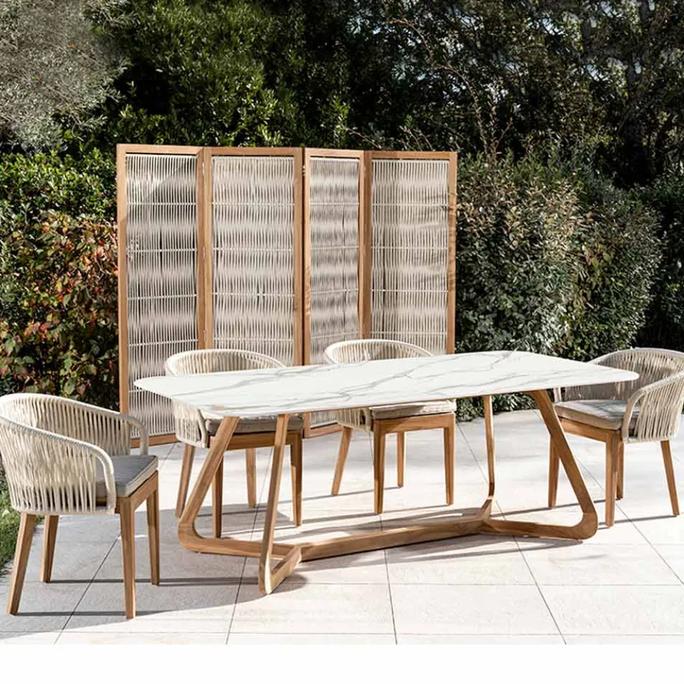 Gartentisch mit Holzsockel und Calacatta-Goldkeramikplatte - Infinity