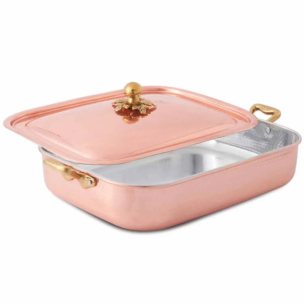 Bräter und rechteckiger Deckel in der Hand verzinntes Kupfer 40x30 cm - Mariateresa