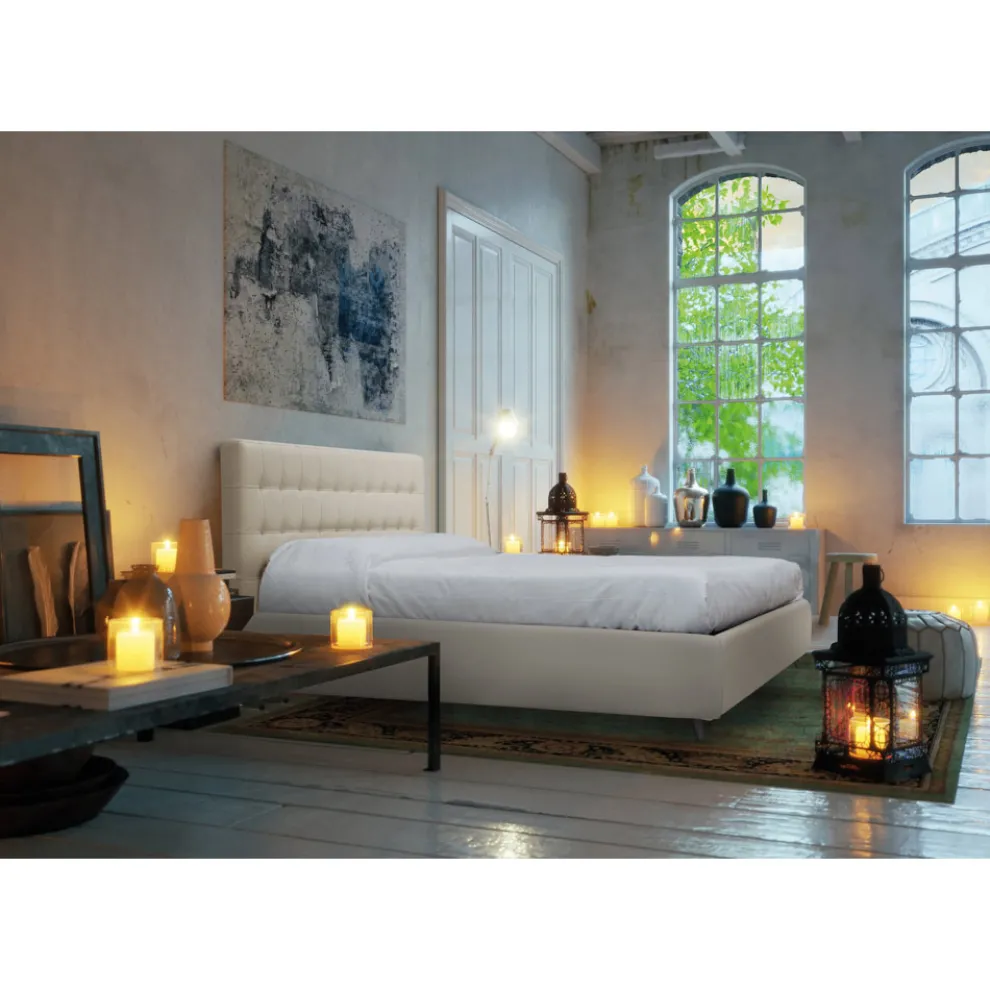 Doppelbett mit Kopfteil aus Öko-Leder oder Stoff, hergestellt in Italien – Buddy