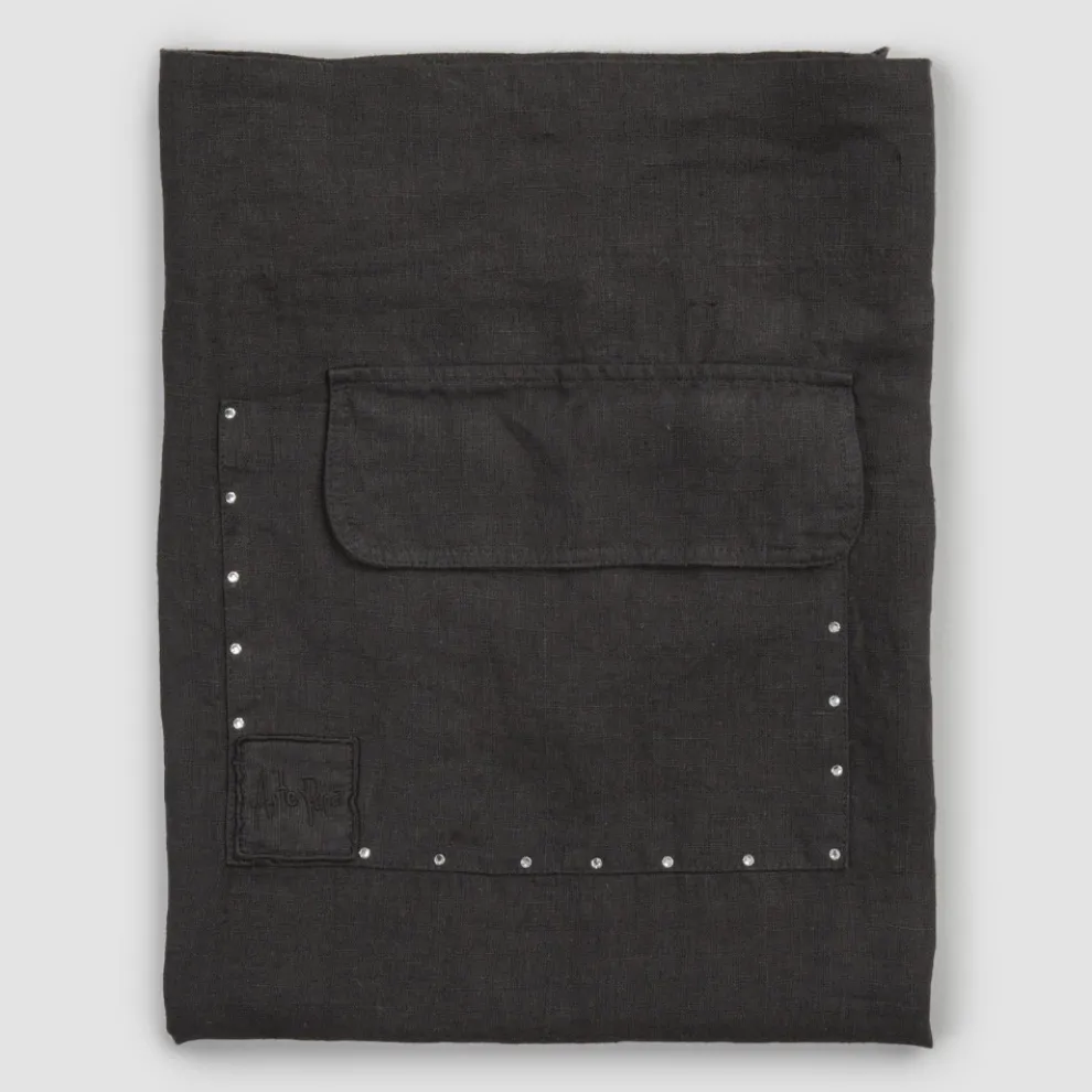 Schwarzes Leinen Küchenschürze mit Kristallen Niedriges Modell mit Tasche - Klicken