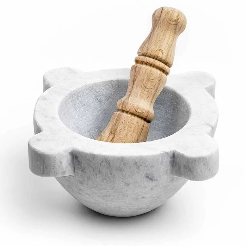 Mörser aus weißem Carrara-Marmor mit Holzstößel Made in Italy - Winda
