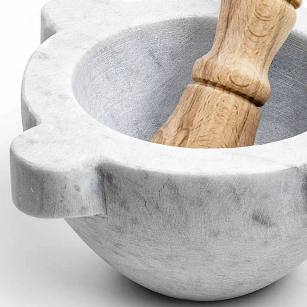 Mörser aus weißem Carrara-Marmor mit Holzstößel Made in Italy - Winda