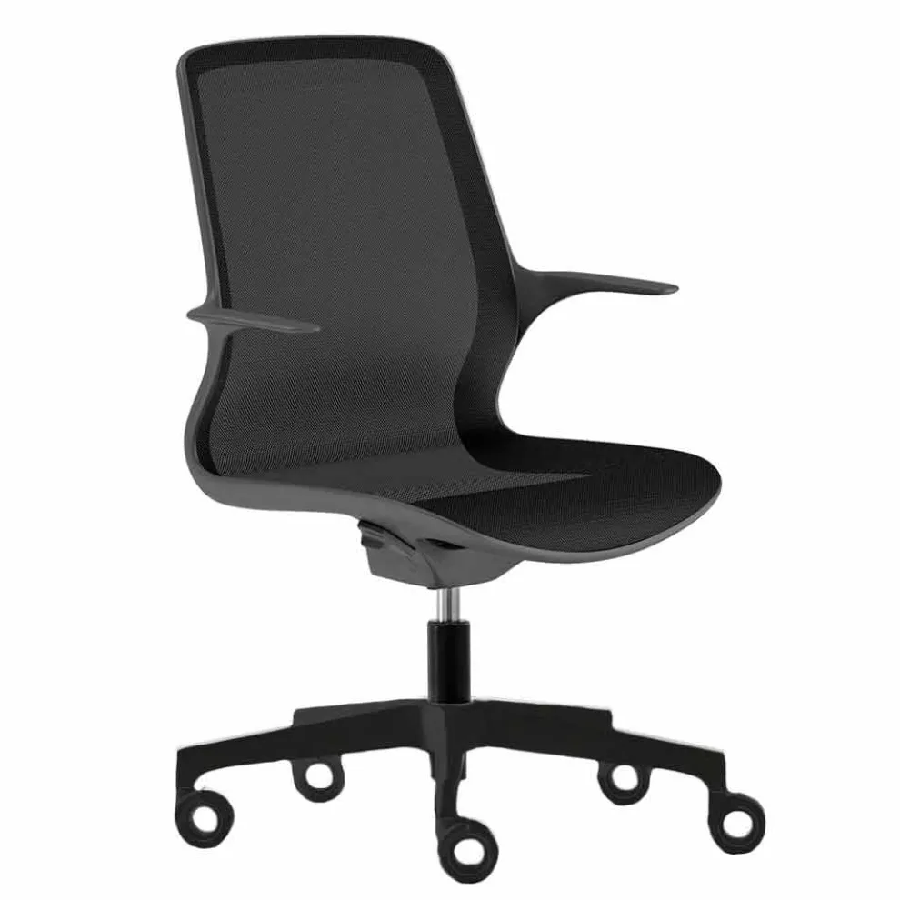 Bürostuhl mit drehbaren Rädern aus schwarzem Mesh und schwarzem Nylon - Ayumu