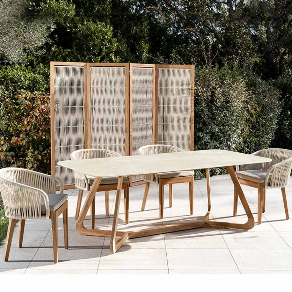 Tisch mit Holzsockel und Chianca di Ostuni-Keramikplatte - Infinity