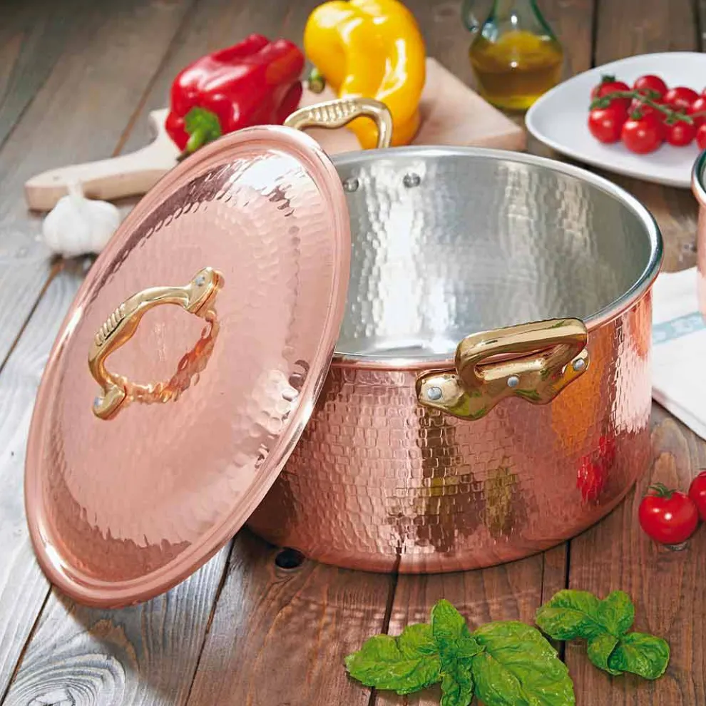 Hoher Bräter aus verzinntem Kupfer von Hand rund mit 2 Griffen 24 cm - Gianfranco