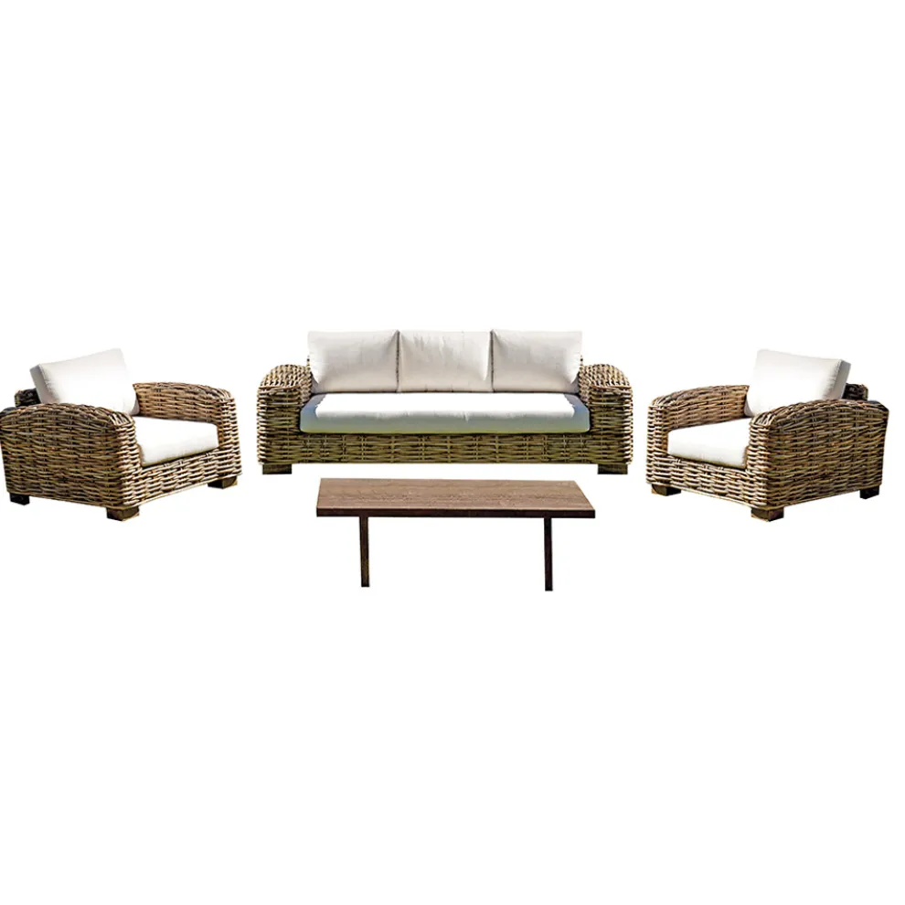 Rattan-Gartenlounge mit Couchtisch und Kissen aus Holz - Hugues