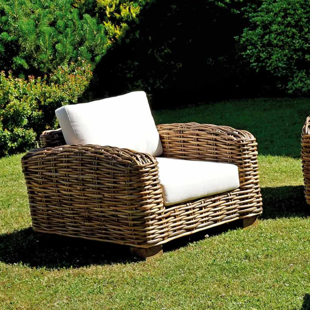 Rattan-Gartenlounge mit Couchtisch und Kissen aus Holz - Hugues
