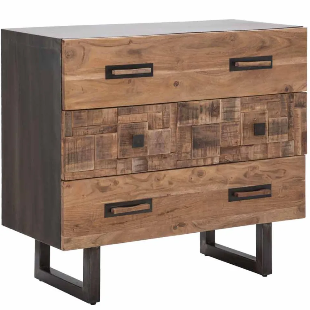 Kommode aus Akazienholz und Eisen mit 3 Schubladen in modernem Design - Emerald