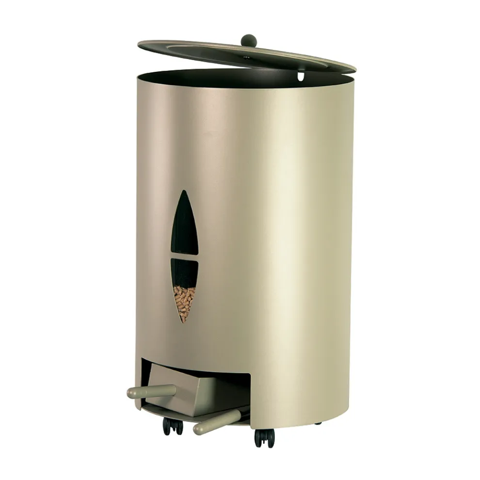 Pellethalter mit Deckel, Besen und Schaufel. Hergestellt in Italien – Cacatua