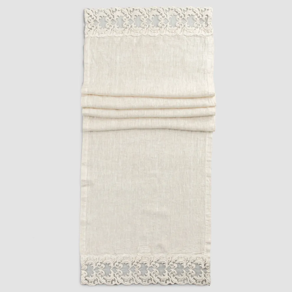 Leinen Tischläufer mit Spitze, Luxus Design in 2 Farben - Farnese