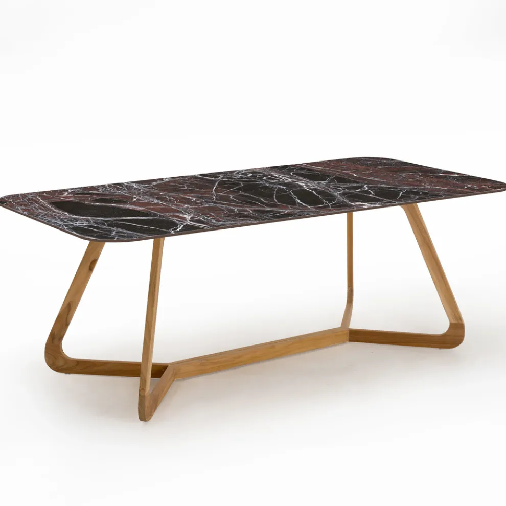 Gartentisch mit Holzsockel und roter Domus-Keramikplatte - Infinity