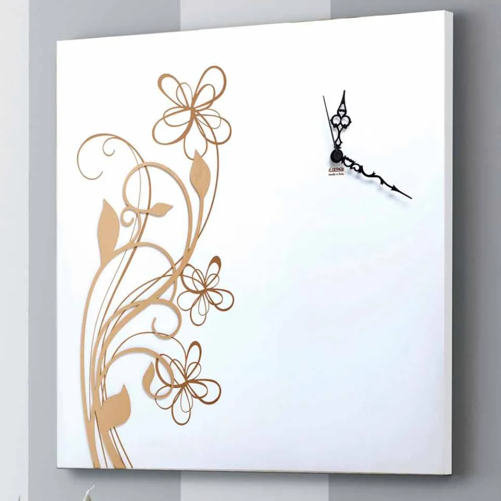 Große quadratische Wanduhr aus weißem Holz mit Blume - Florello