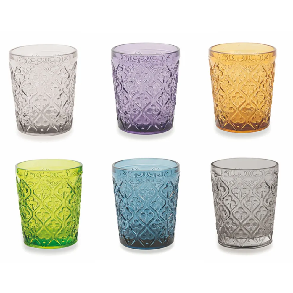 Farbige Glaswassergläser mit Arabeskenverzierungen 12 Stück - Marokko