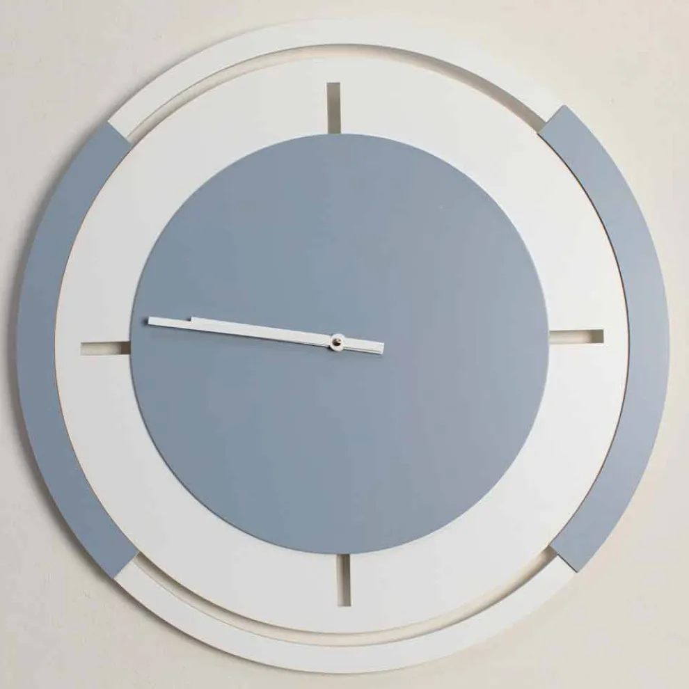 Klassische runde große Wanduhr in Weiß und Avio Holz - Beppe