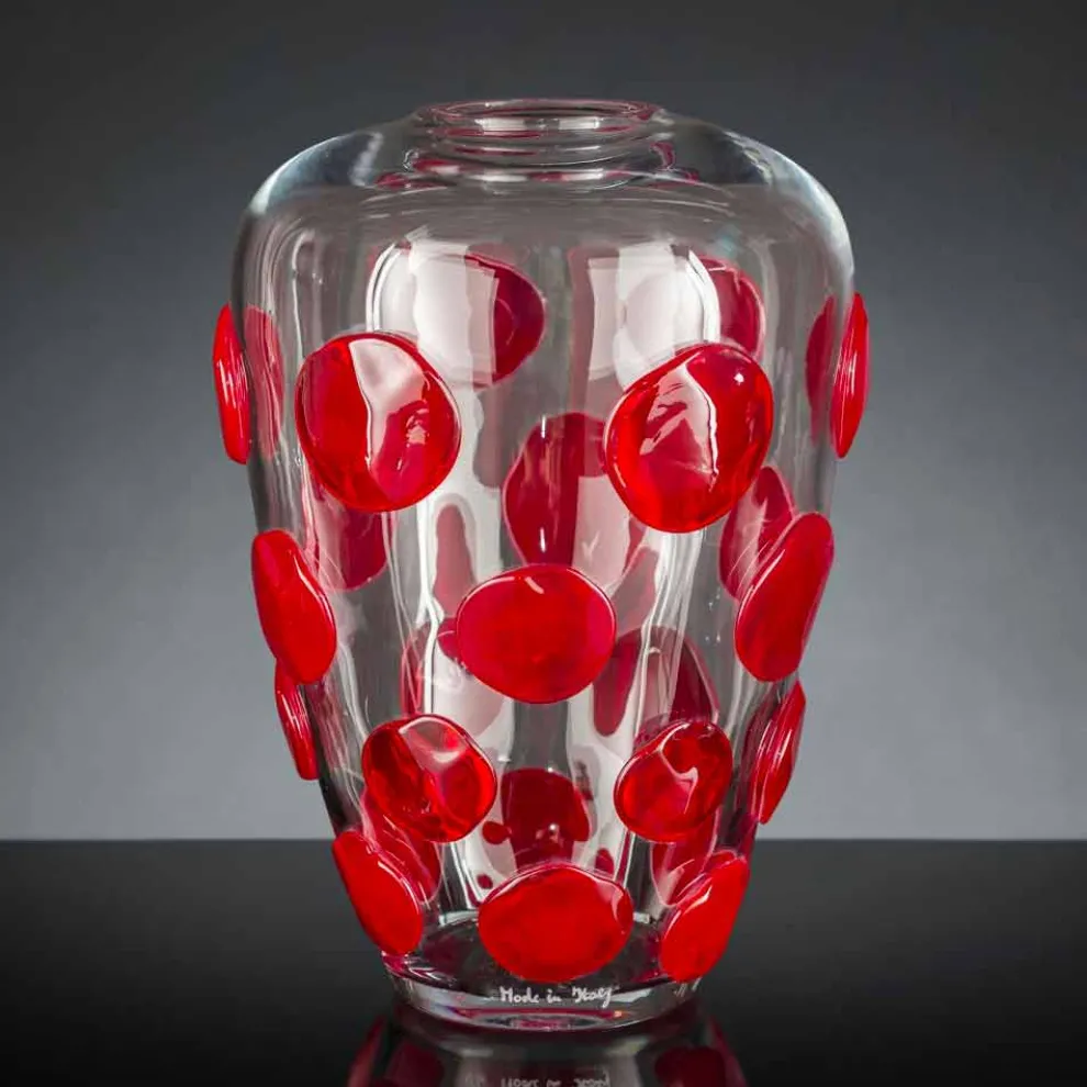 Vase aus mundgeblasenem Muranoglas, transparent und rot, Made in Italy - Cenzo