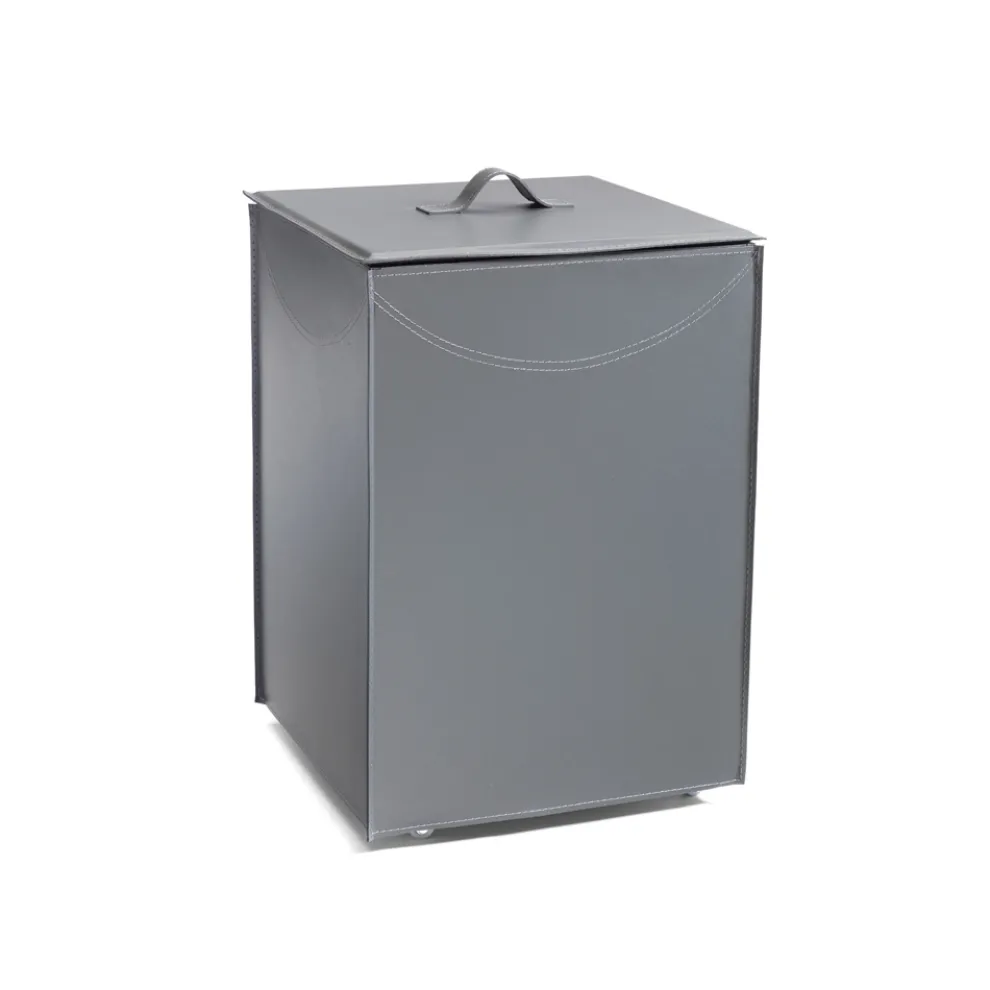 Grauer Leder-Holzbehälter mit Rädern, hergestellt in Italien – Ausstellungsstück