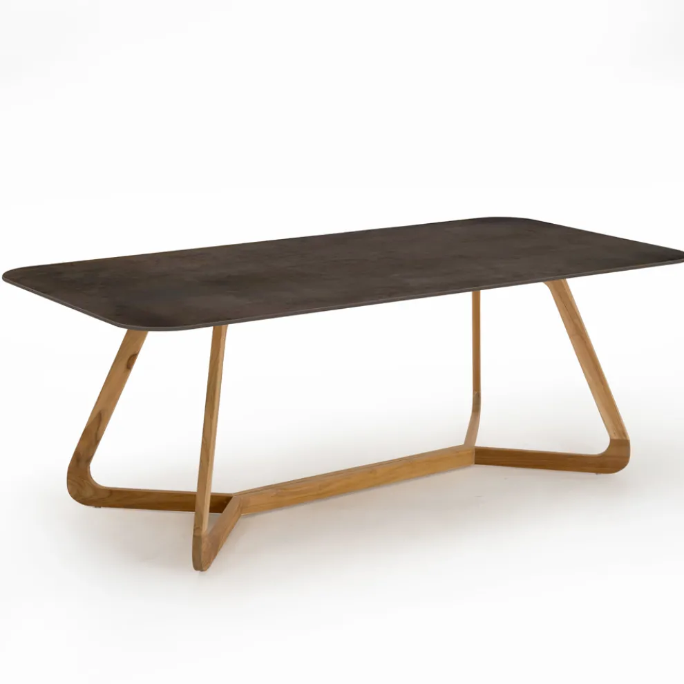 Gartentisch mit Holzsockel und Metall-Corten-Keramikplatte - Infinity