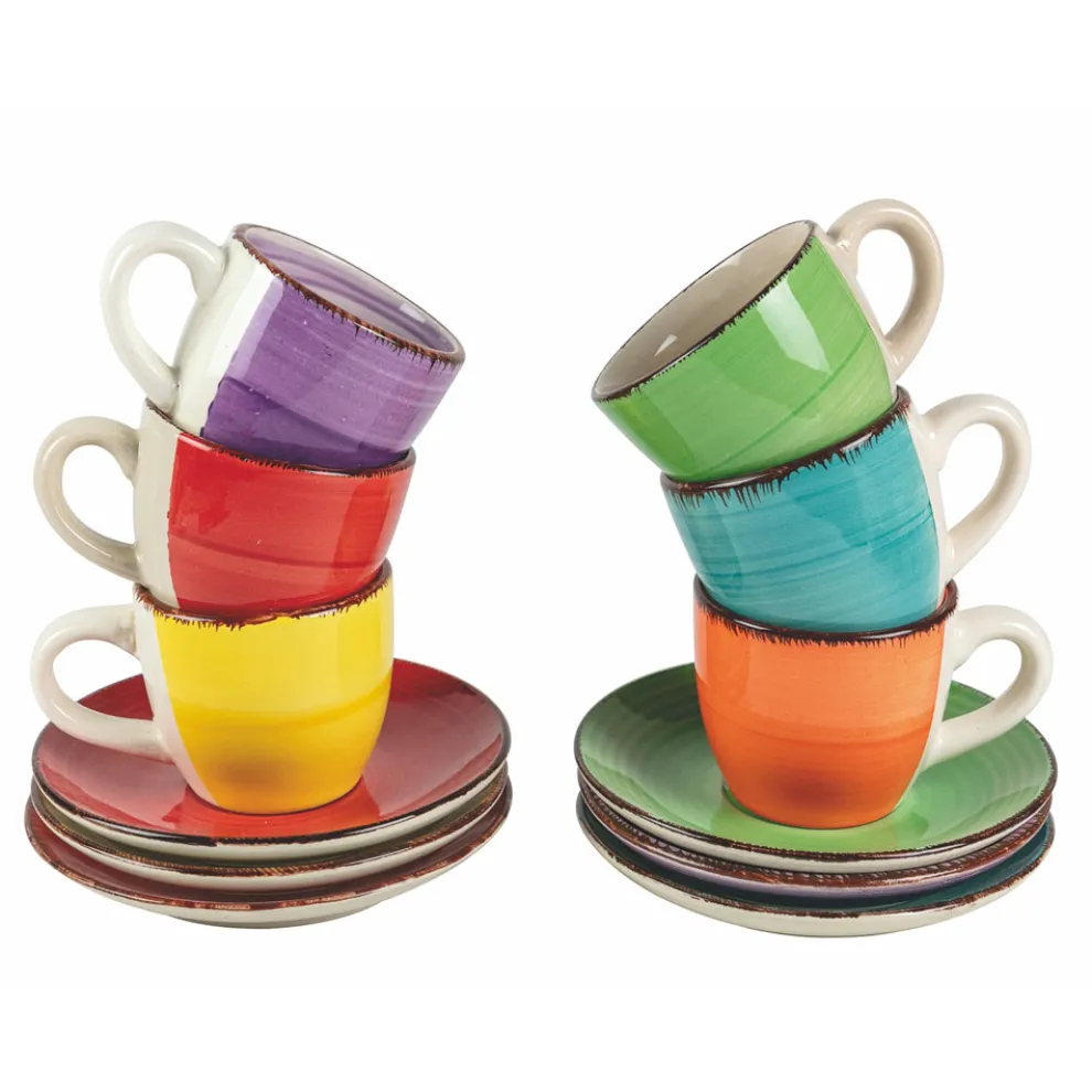Kaffeetassen mit Untertasse aus farbigem handbemaltem Steinzeug 12 Stück - Abruzzen
