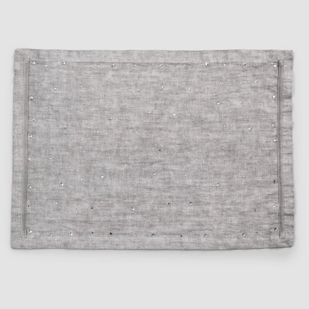 Amerikanische Frühstücks-Tischsets aus grauem Leinen mit Kristallen 2 Stück - Macanno