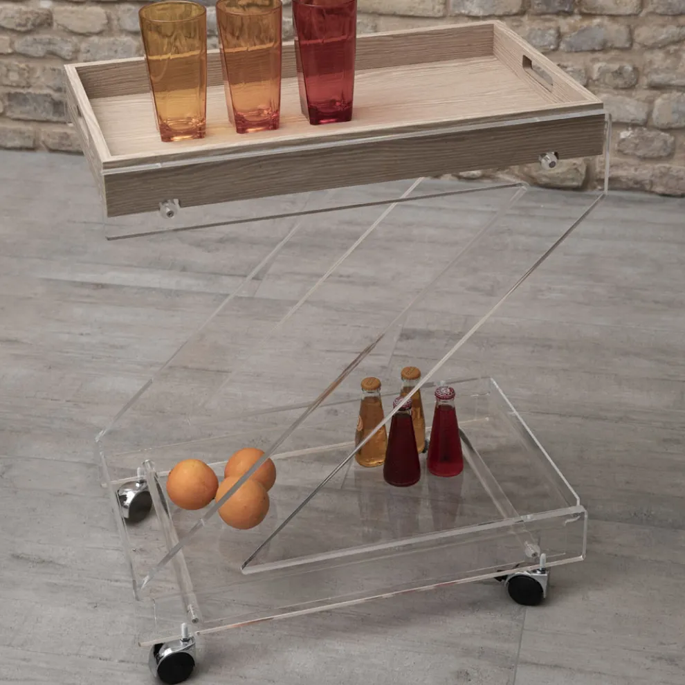 Trolley 2 Regale aus transparentem Acrylglas mit Tablett - Zazza