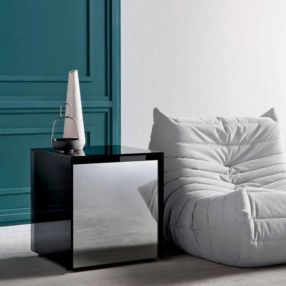 Sofa-Beistelltisch oder Nachttisch aus Rauchglas mit Holzschublade - Mantra