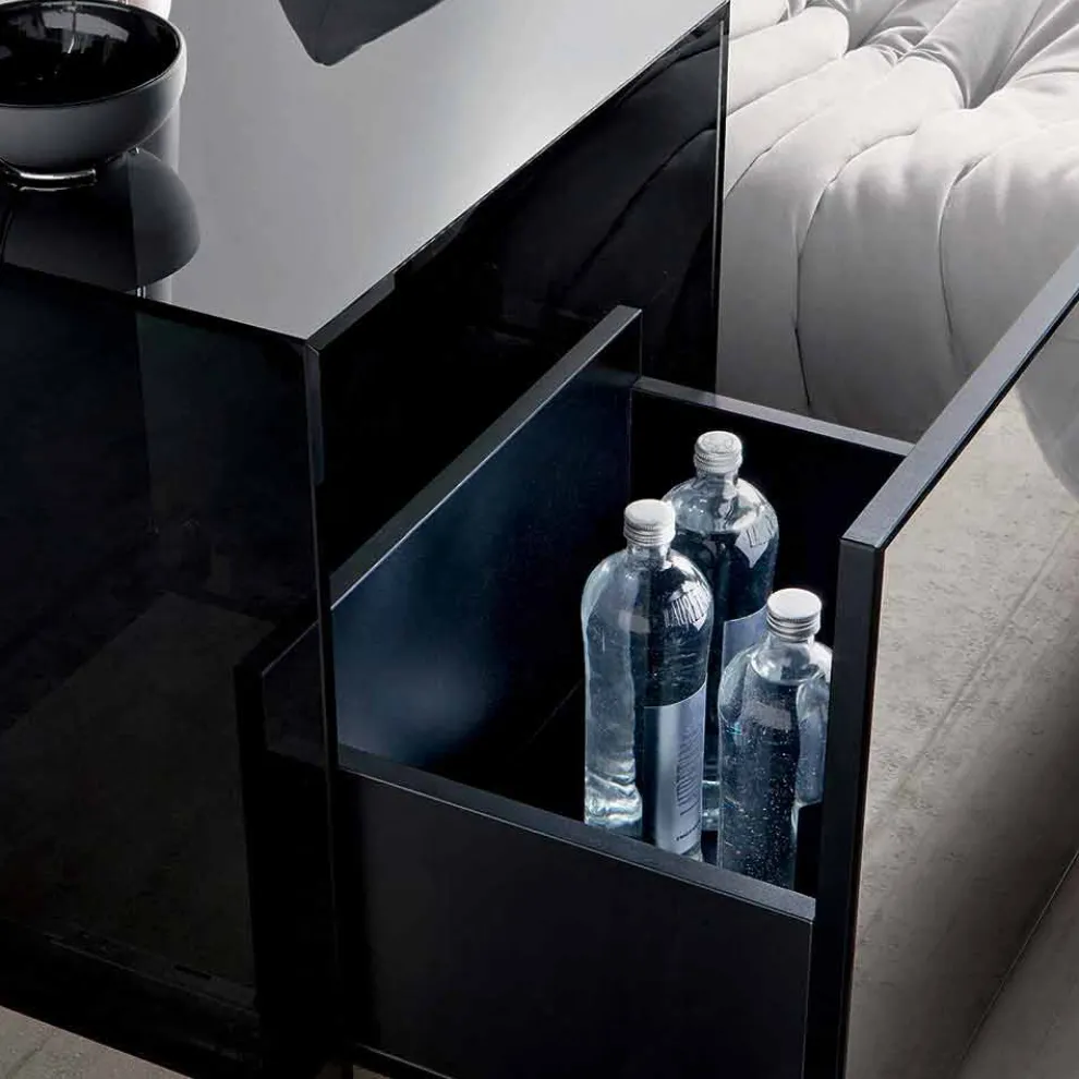 Sofa-Beistelltisch oder Nachttisch aus Rauchglas mit Holzschublade - Mantra