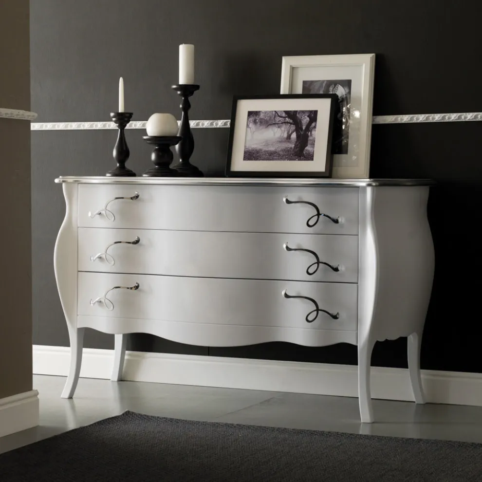 Kommode mit 3 Schubladen aus perlweißer Linden-Tischlerplatte, hergestellt in Italien – Babaevo