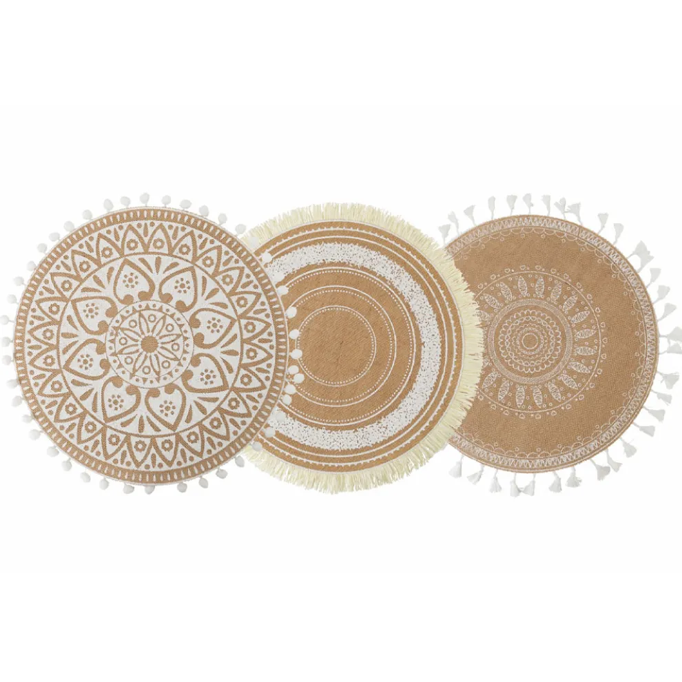 Rundes Frühstücks-Tischset aus Jute und 3 weißen Dekorationen 12 Stück - Cassiode