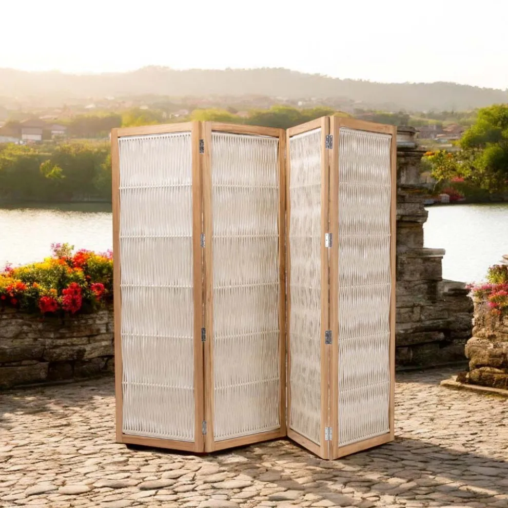 Trennwand für den Außenbereich aus Teakholz, Aluminium und Seilgeflecht - Vision