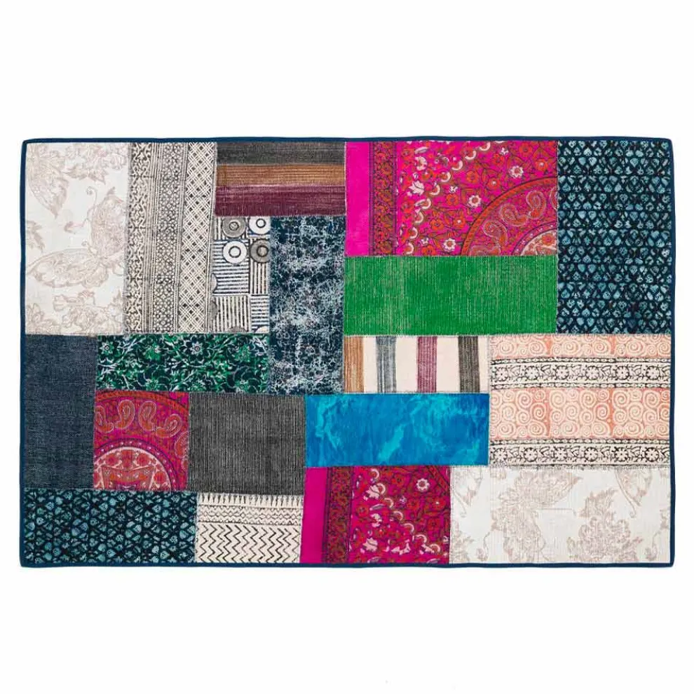 Rechteckiger Teppich aus blauer Kelim-Baumwolle oder farbigem Patchwork - Faser