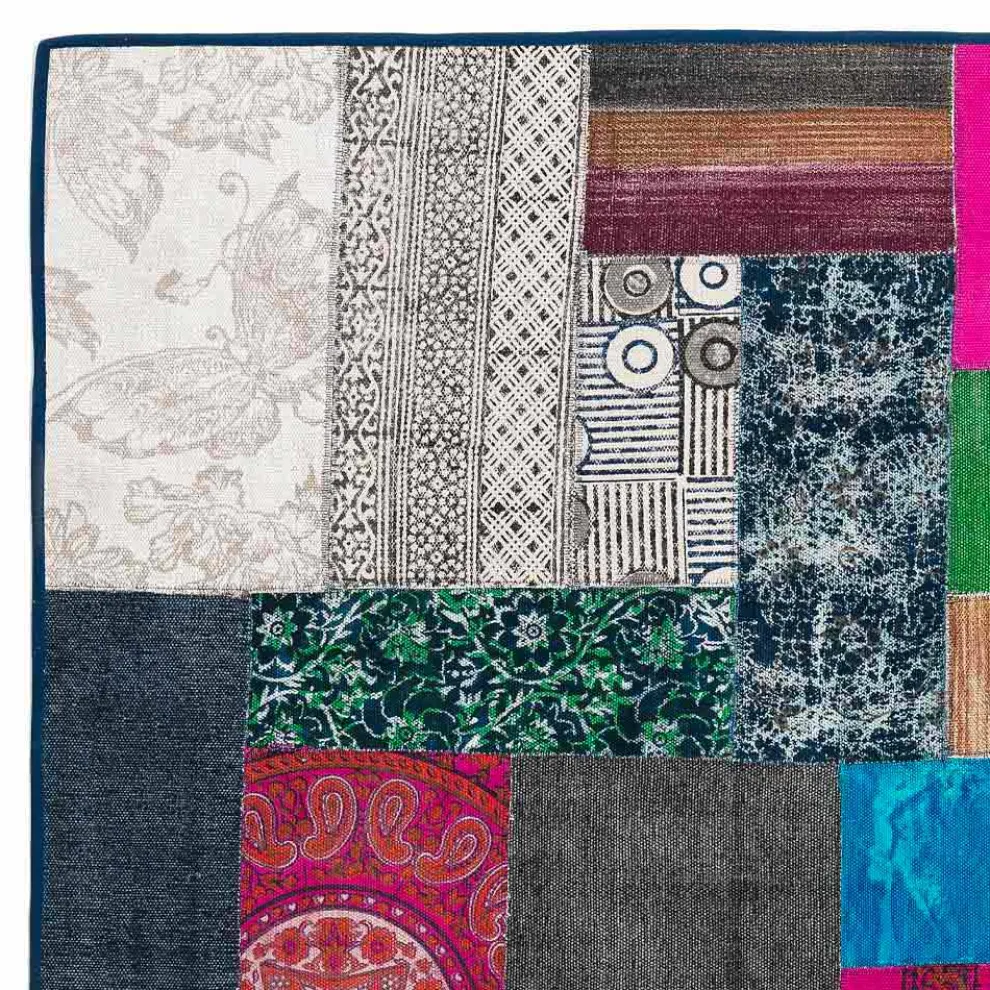 Rechteckiger Teppich aus blauer Kelim-Baumwolle oder farbigem Patchwork - Faser