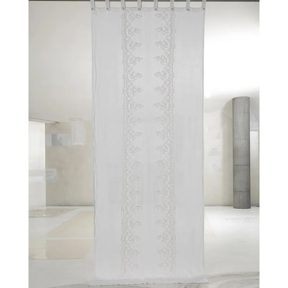 Weißer und heller Leinenvorhang mit zentraler Spitze, elegantes Design - Geogeo