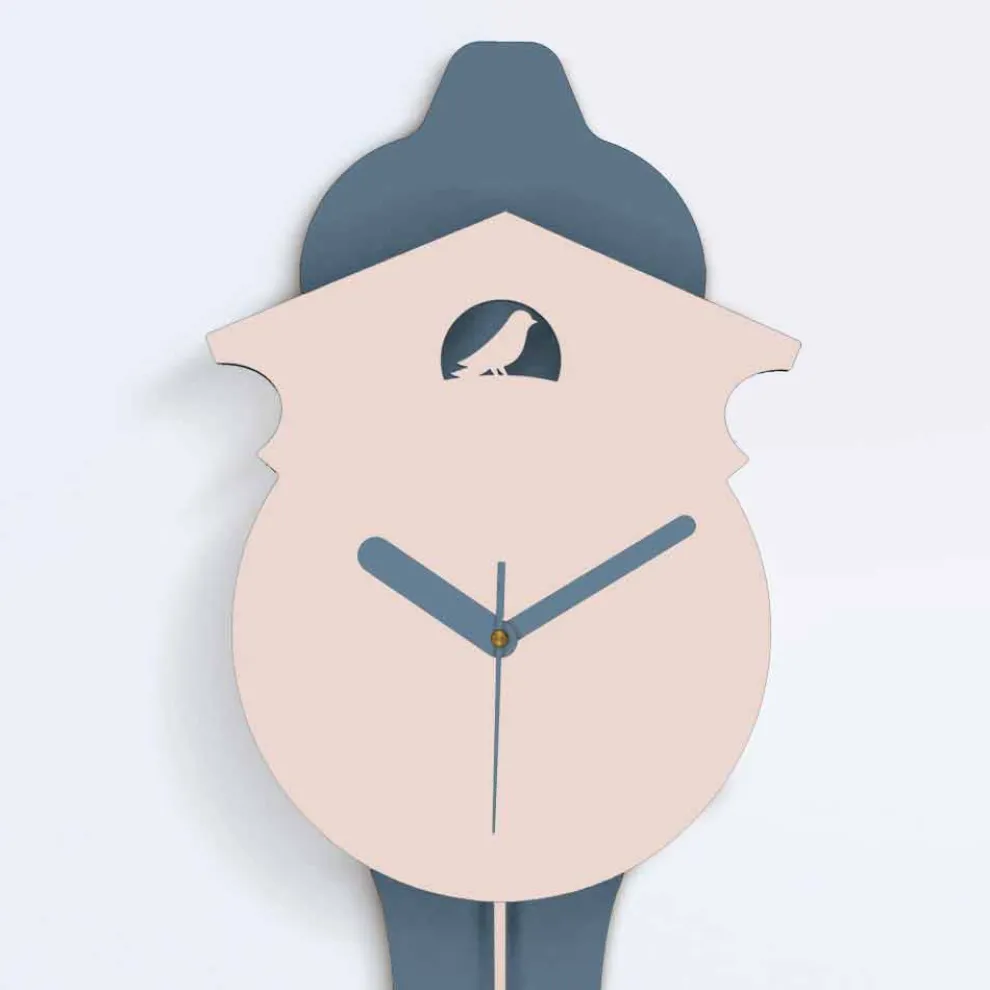 Moderne Pendeluhr in grauem und rosa Designholz - Kuckuck