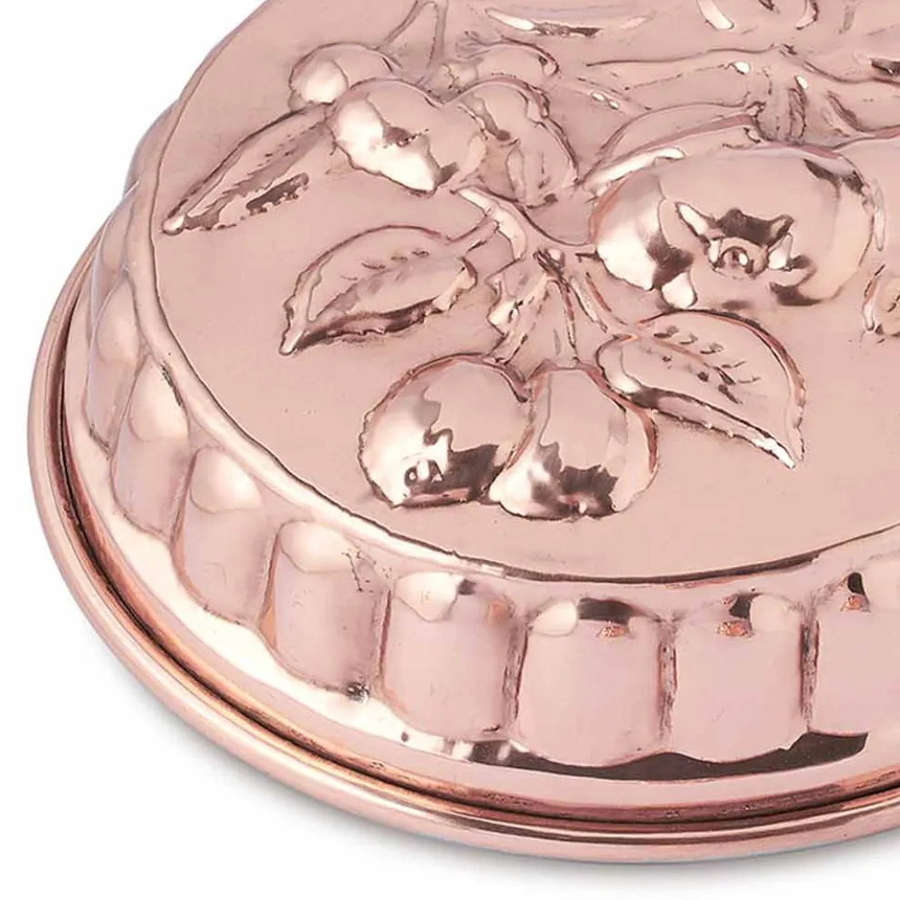Runde handverzinnte Kuchenform aus Kupfer mit Obstdekoration 28 cm - Gianmattia