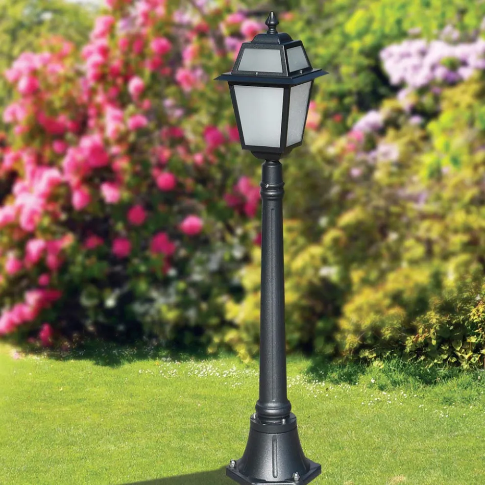 116 cm hohe Gartenlampe aus anthrazitfarbenem Aluminium und sandgestrahltem Glas - Elric