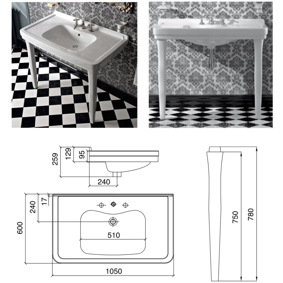 105 cm Vintage weiße Keramik-Badezimmerkonsole mit Füßen, Made in Italy - Marwa