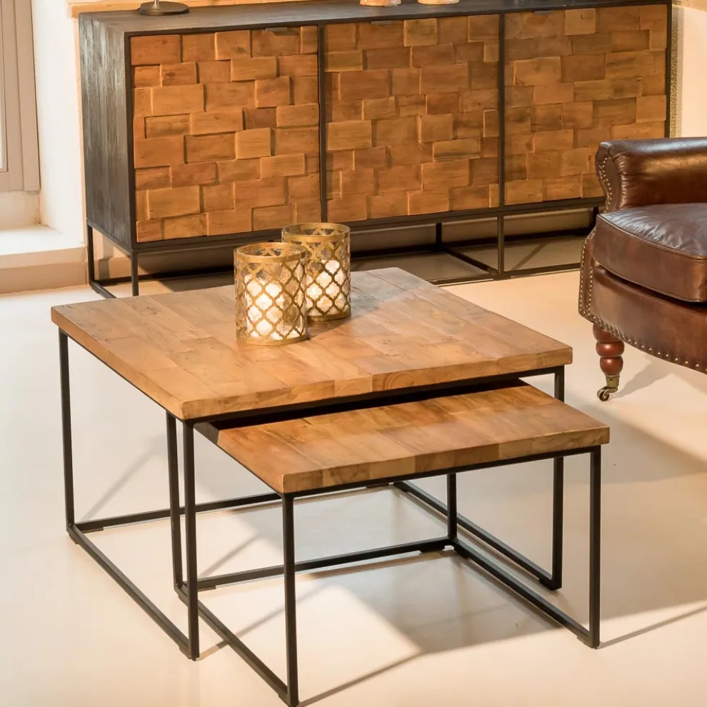 2 Couchtische mit Platte aus recyceltem Holz und Metallfuß - Slide
