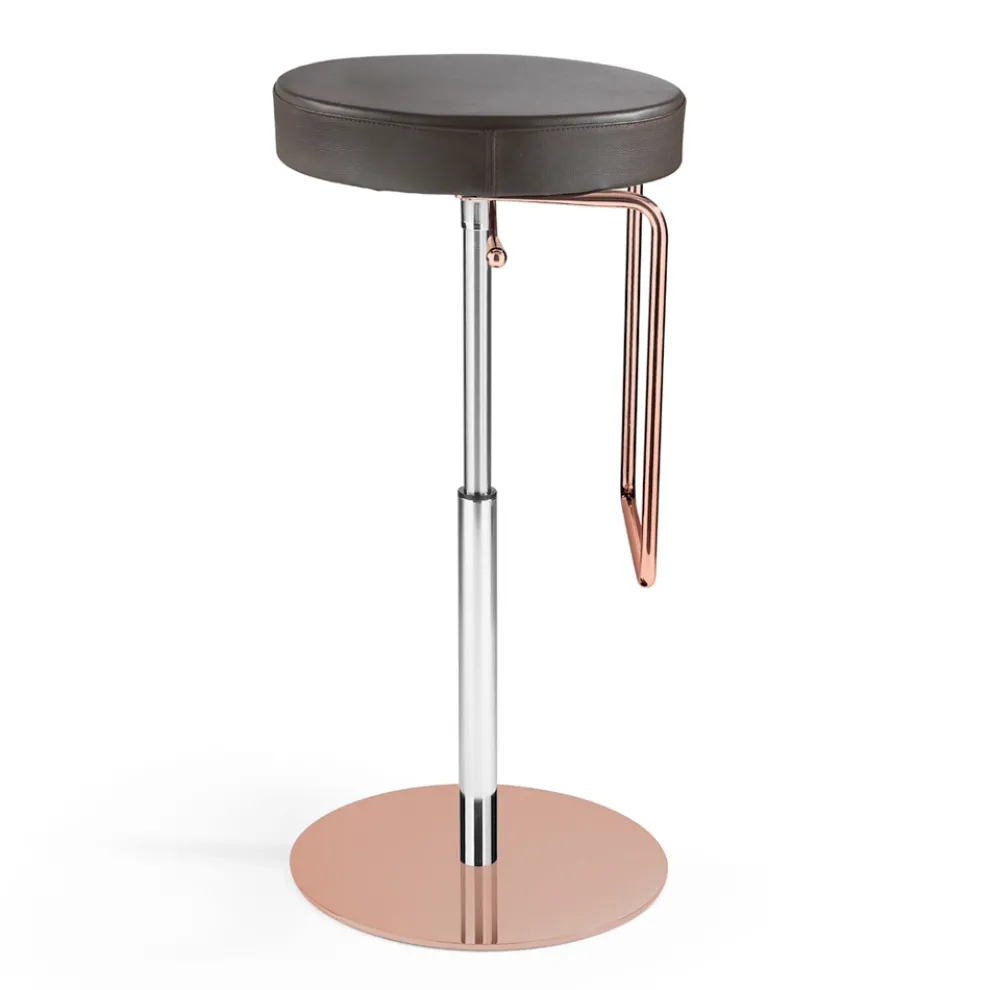 2 Hocker aus schwarzem Leder und roségoldener Stahlstruktur, hergestellt in Italien – Laser