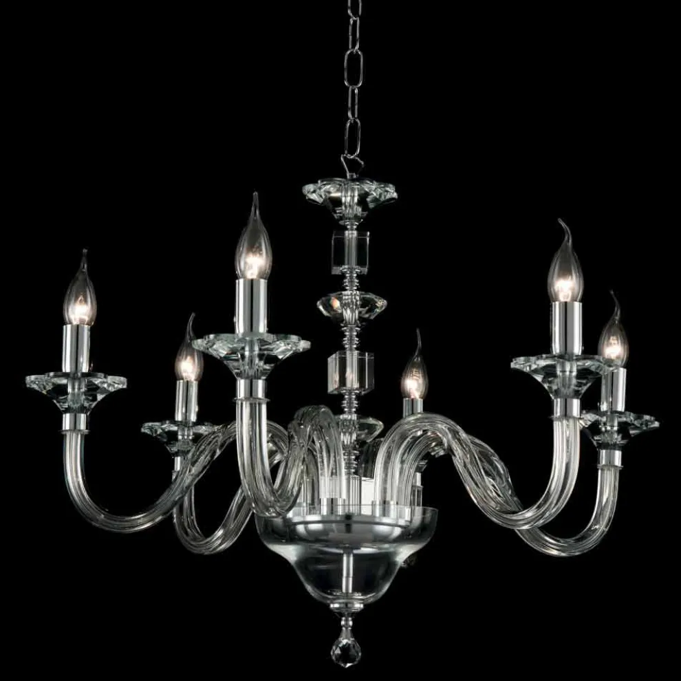 6 Lichter Design Kronleuchter in Ivy Glas und Kristall, made in Italy
