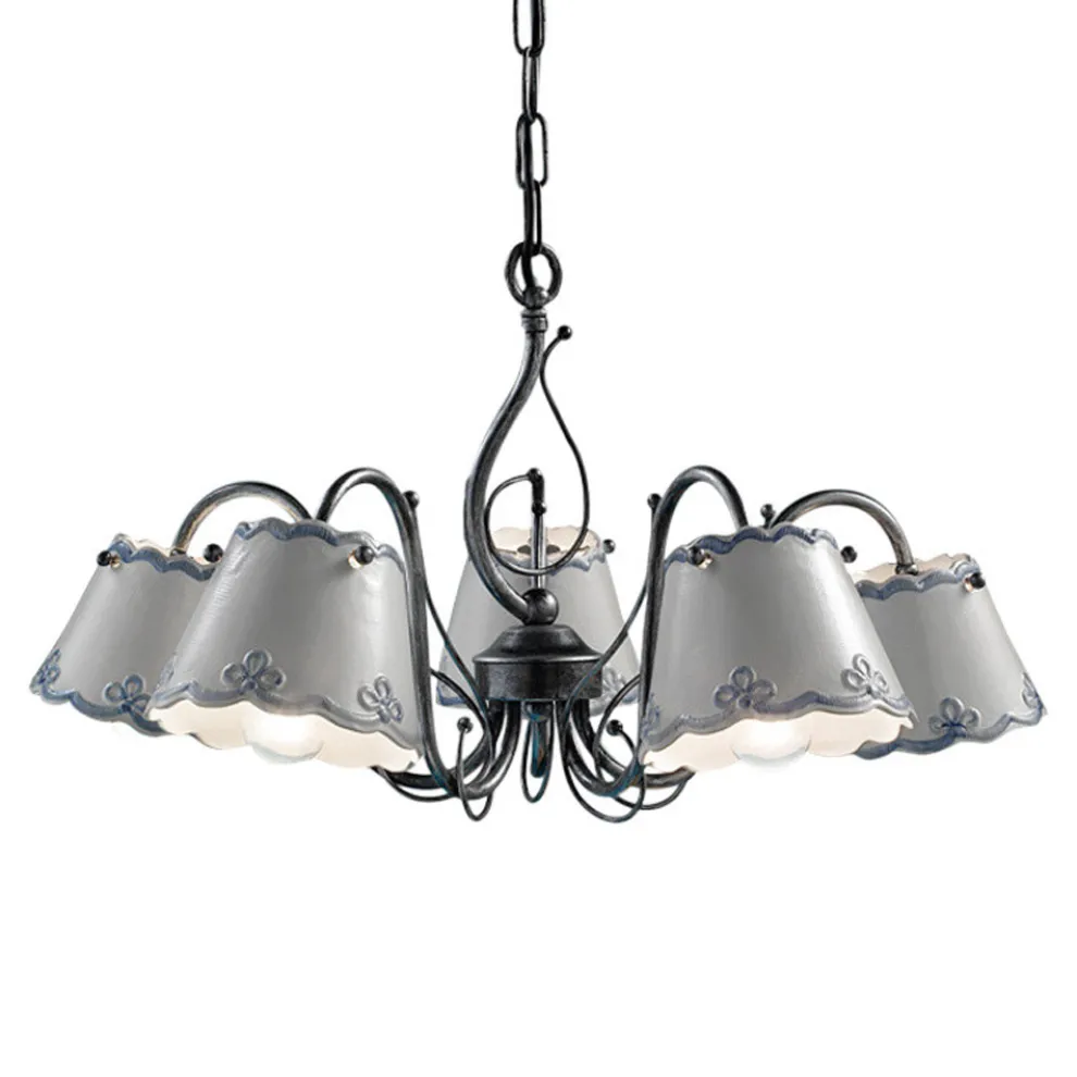 3- oder 5-flammiger Keramik-Kronleuchter mit handbemaltem Stickeffekt – Ravenna