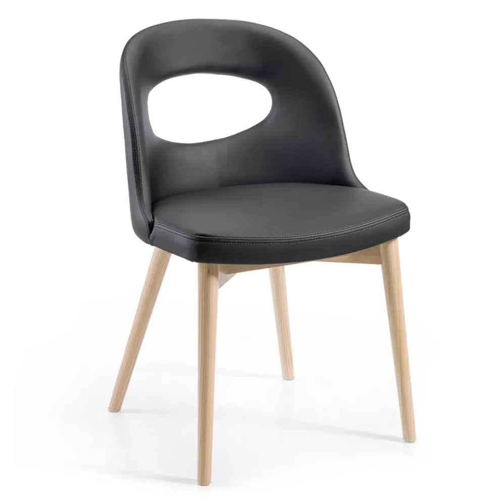 2 Stühle aus schwarzem Kunstleder und Beinen aus Eschenholz, hergestellt in Italien – Cupcake
