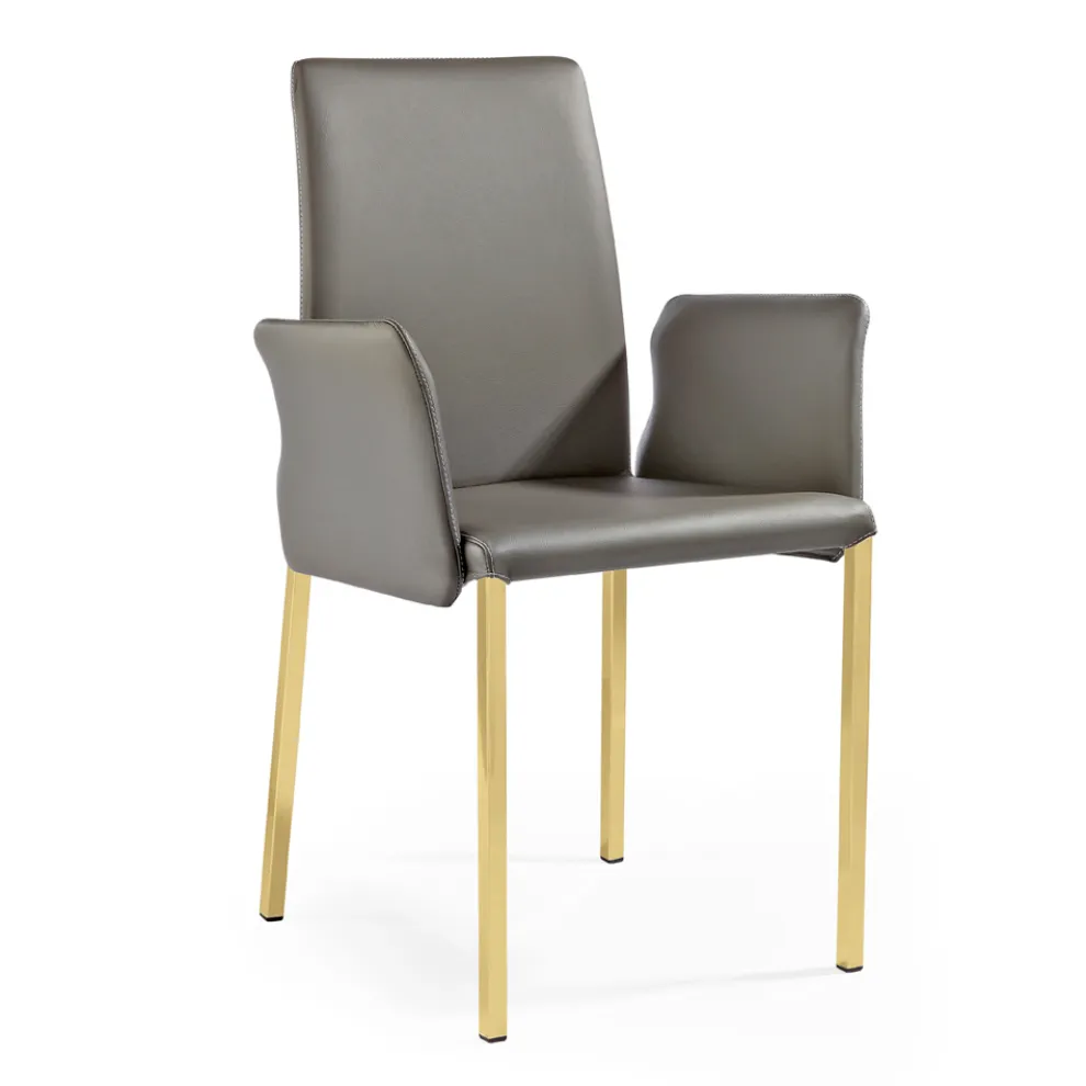 2 Stühle mit Armlehnen aus anthrazitfarbenem Leder und goldfarbenem Stahl, hergestellt in Italien – Cadente