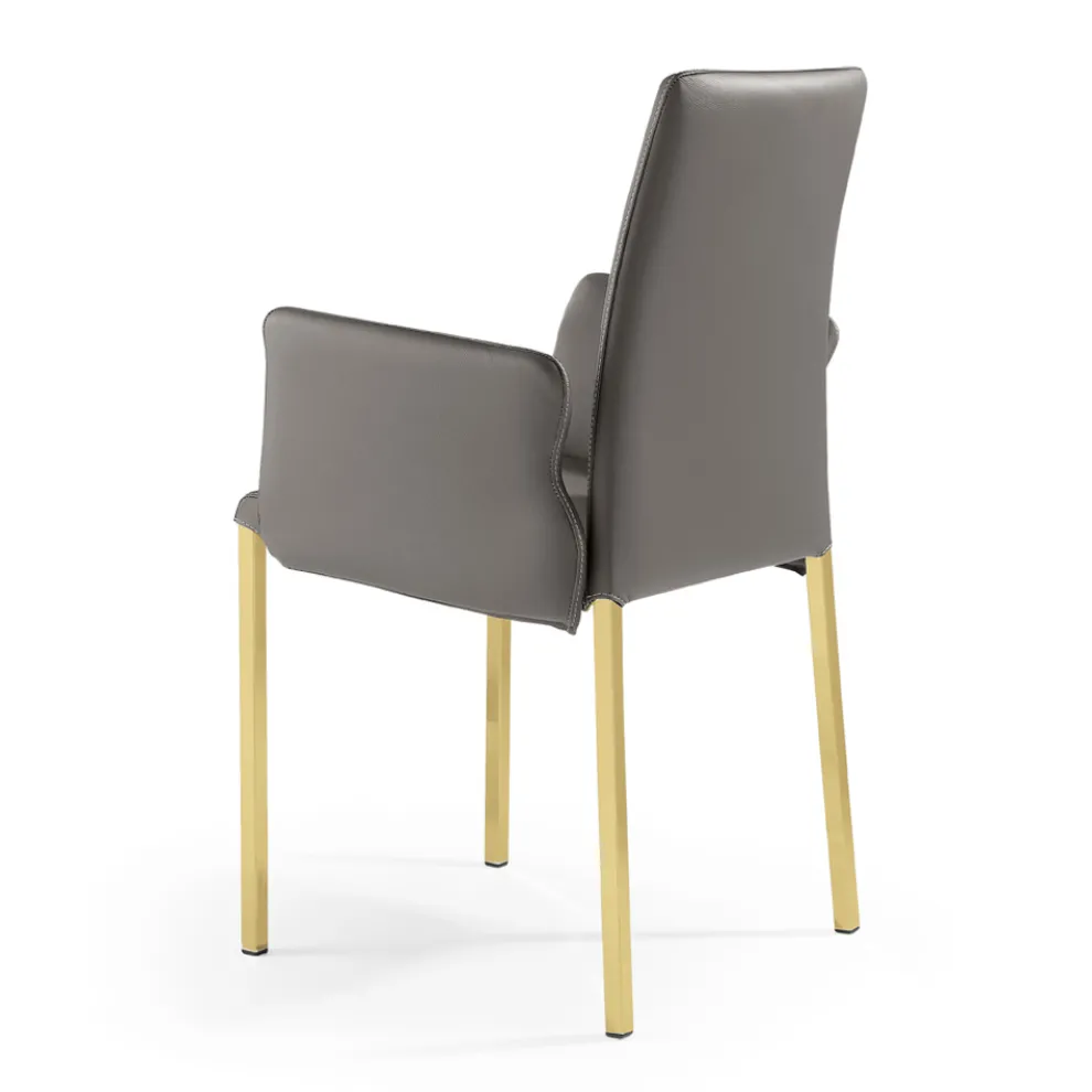2 Stühle mit Armlehnen aus anthrazitfarbenem Leder und goldfarbenem Stahl, hergestellt in Italien – Cadente