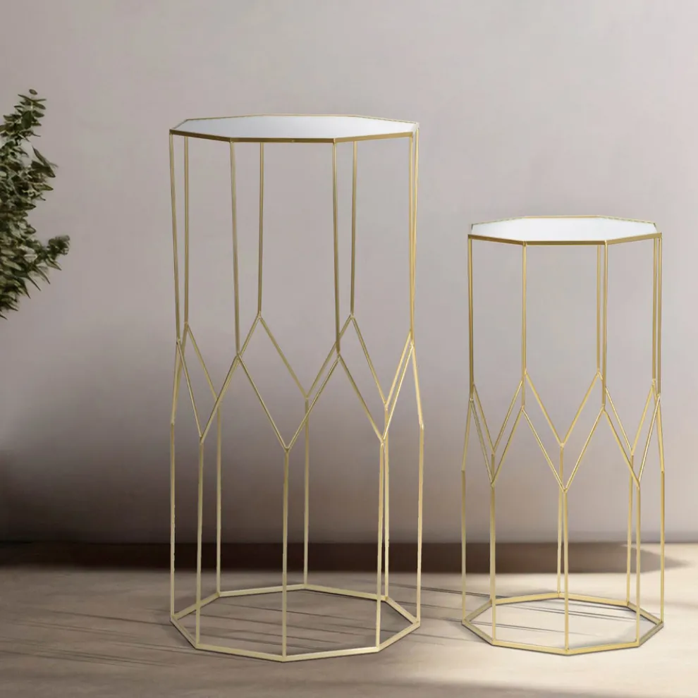 2 Telefontische aus goldenem Eisen und Glasplatte - Pope