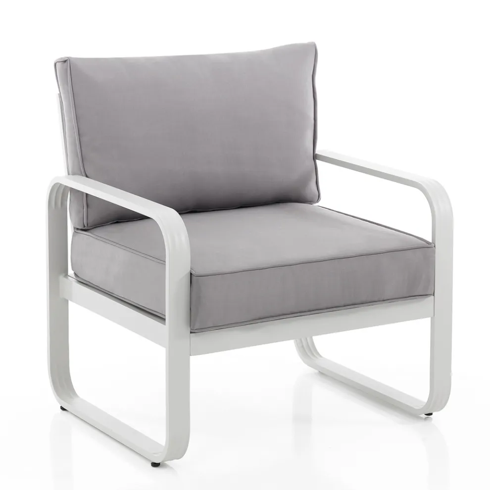 Gartensessel aus matt elfenbeinweißem Aluminium und grauen Kissen – Avoir